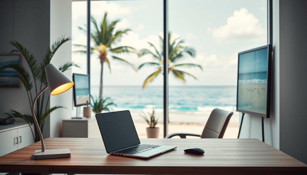 A modern, well-equipped virtual office in a serene coastal setting. The foreground features an ergonomic desk with a sleek laptop, wireless mouse, and a minimalist desk lamp casting warm, diffused light. The middle ground showcases a comfortable office chair, a potted plant, and a framed seascape painting, creating a harmonious, productivity-enhancing atmosphere. The background depicts a panoramic view of a tranquil beach with swaying palm trees, a cloudless sky, and the gentle waves of a turquoise ocean, evoking a sense of calm and work-life balance. The overall scene is captured with a wide-angle lens, creating a spacious, inviting ambiance that embodies the "work from anywhere" entrepreneurial spirit.