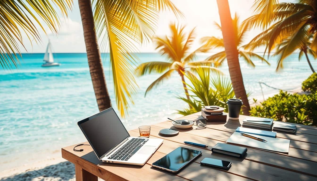 A serene beachfront scene, with a laptop, smartphone, and various office supplies casually arranged on a wooden table, nestled among swaying palm trees and overlooking the crystal-clear waves of a turquoise ocean. The bright, natural lighting casts a warm, inviting glow, while a gentle sea breeze ruffles the nearby foliage. In the distance, a lone sailboat glides across the horizon, creating a tranquil and inspirational atmosphere for a location-independent business idea to take shape.
