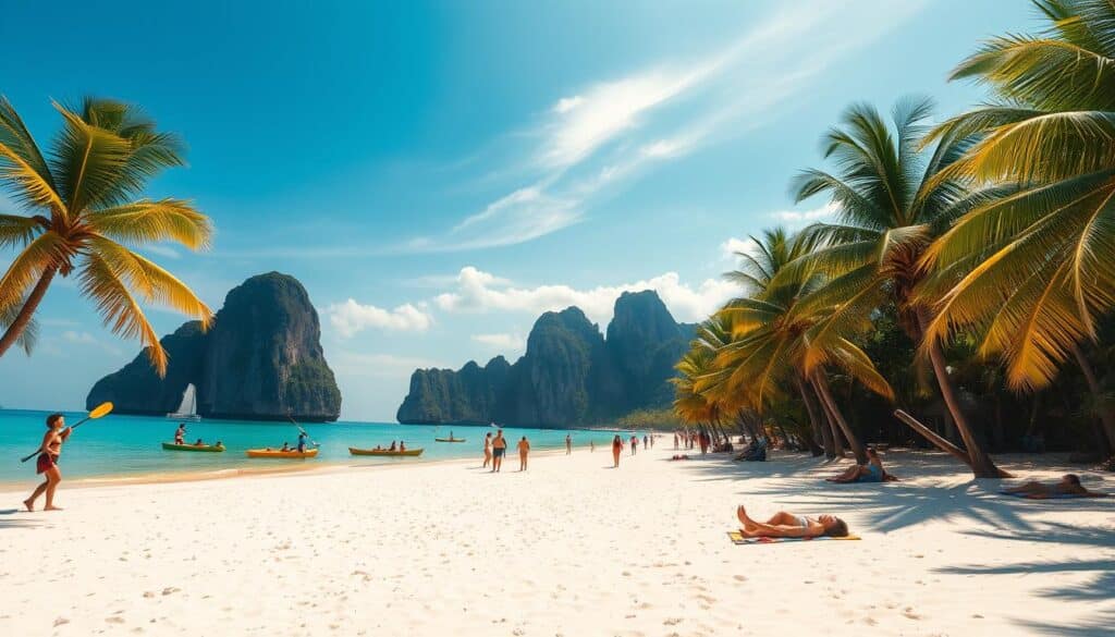 A serene tropical paradise on the shores of the Philippines' Palawan province. The white sand beach glistens under the warm, golden sunlight, inviting visitors to sink their toes into its soft, powdery embrace. Swaying palm trees line the coastline, their fronds rustling in the gentle ocean breeze. In the distance, dramatic limestone cliffs rise from the turquoise waters, creating a stunning backdrop. Beachgoers lounge on colorful towels, enjoying the tranquil atmosphere and the stunning vistas. Kayaks and paddleboards dot the calm, crystalline sea, offering a leisurely way to explore the nearby coves and hidden lagoons. An oasis of natural beauty, Palawan Beach embodies the charm and allure of Asia's most picturesque coastal destinations.
