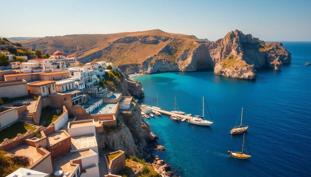 A sun-drenched Mediterranean coastline, the azure waters of the sea lapping against a rugged, rocky shore. In the foreground, ancient ruins and whitewashed buildings spill down the hillside, their weathered walls evoking a sense of history. Picturesque fishing boats gently bob in a small harbor, their colorful sails catching the gentle breeze. Further out, dramatic cliffs rise up, their jagged silhouettes framing the scene. Warm, golden light bathes the entire landscape, creating a soft, hazy atmosphere that invites the viewer to lose themselves in the timeless beauty of this enchanting coastal paradise.